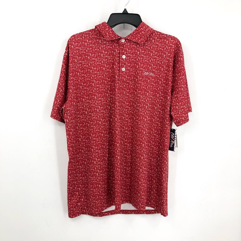 OLD ROW Men's Short Sleeve Tailgate Polo Shirt XL Red Printed Football NWT